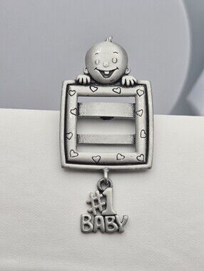 Vintage JJ Picture Frame Brooch #1 Baby Pewter Pin Signed Jonette Jewelry